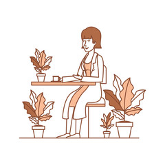 woman in the table drinking coffee with house plants vector illustration design