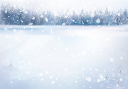 Vector winter snowfall  landscape with forest background.