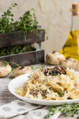 Fetuchini alfredo with mushrooms and chicken ham in creamy cheese sauce