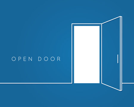 Open door line concept. Blue room logo vector background