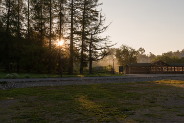 The morning mist and the rising sun on the pier. Valaam is a cozy and quiet piece of land, the rocky shores of which rise above the lush waters of lake Ladoga