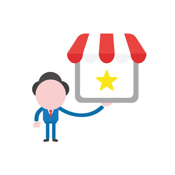 Vector businessman character holding shop store with star