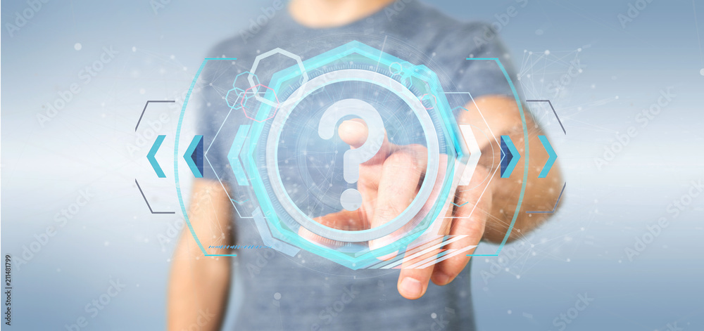 Poster Man holding a Technology question mark icon on a circle 3d rendering