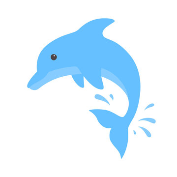 Jumping dolphin and a splash of water. Cute blue dolphin in cartoon style. Vector illustration for swimming pool brochure or banner. Isolated