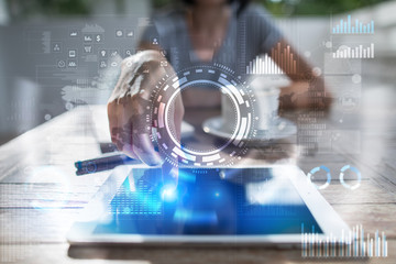 Internet, Business and technology concept. Icons, diagrams and graphs background on virtual screen.