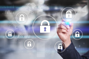 Cyber security, Data protection, information safety and encryption. internet technology and business concept.  Virtual screen with padlock icons.
