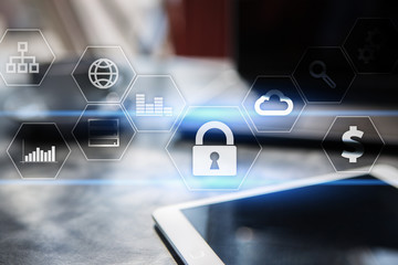 Data protection, Cyber security, information safety and encryption. internet technology and business concept.  Virtual screen with padlock icons.