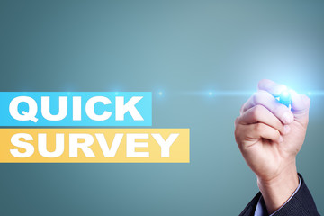 Quick survey text on virtual screen. Feedback and customers testimonials. ?Business internet and...