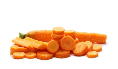 Carrots, pile fresh organic shredded  isolated on white