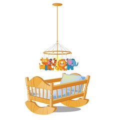 Baby carousel with hanging toys over wooden cot isolated on white background. Vector cartoon close-up illustration.