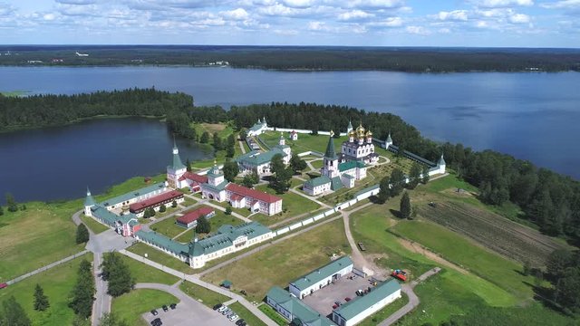 Valdaisky Iversky Bogoroditsky Svyatoozersky monastery, Sunny June day (aerial). Valdai, Russia 