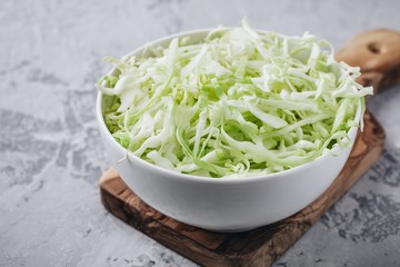 Fresh green cabbage cut. Sliced cabbage in bowl