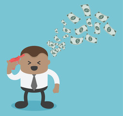 Happy businessman hold a gun ready to shoot with dollar Financial ideas concept.Money making ideas