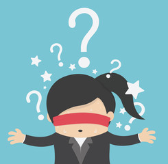 thinking woman with question mark on background