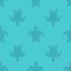 Naklejka premium Vector pattern with sea turtle. Blue texture with turtle silhouette.