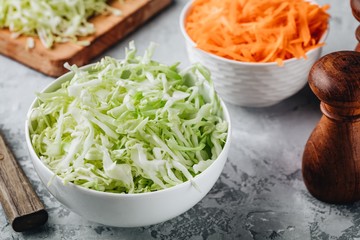 Fresh green cabbage cut. Sliced cabbage in bowl.