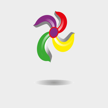the logo is curved/In the drawing a logo in the form of a flower of four petals purple, yellow, green, red. The logo is bright with a shadow in the bottom.