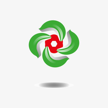 the logo is red and green/The figure is in the form of a red flower in a green frame. The logo is bright with a shadow in the bottom.
