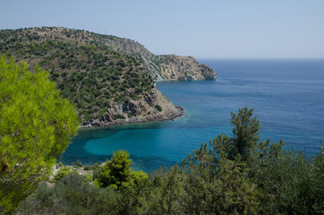 Fototapeta na wymiar Landscape with sea bay on island of Aegina in Saronic Gulf, Greece