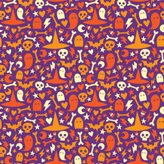 Halloween adorable bright and colorful seamless background. Pumpkin, witch hat, bones, ghost and moon autumn vector pattern. Orange, white and purple ornament.