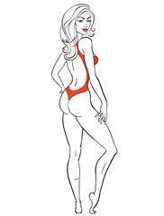 Illustration of sexy pinup girl standing in body dress.
