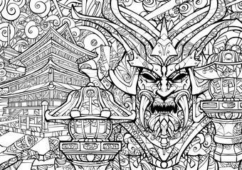 Obraz premium Coloring page for adults, sinister samurai mask.