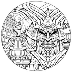 Coloring page for adults, sinister samurai mask.