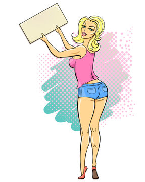 Pop art comics blond girl standing with board for your text.