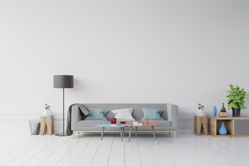 Gray sofa and wooden table with Flower,coffee,book on empty wall in simple living room interior,3d rendering