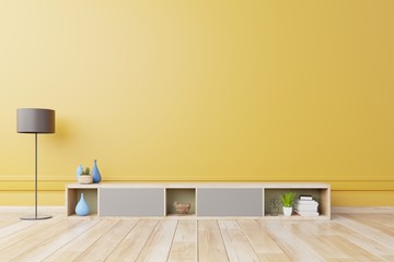 Cabinet For TV or place object in modern living room with lamp,table,flower and plant on yellow wall background,3d rendering