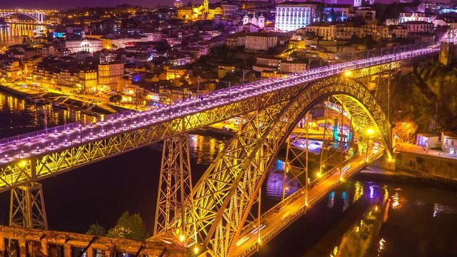 Time-lapse view on the illuminated Old Town and the iconic Dom Luis Bridge at the River Duro in Porto during sunset
