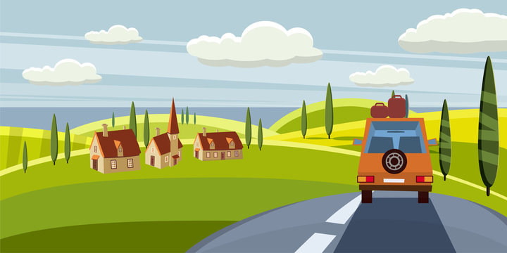 Summer trip vector illustration space for your text. Car trip to camp, tourism concept. Vector, illustration, isolated