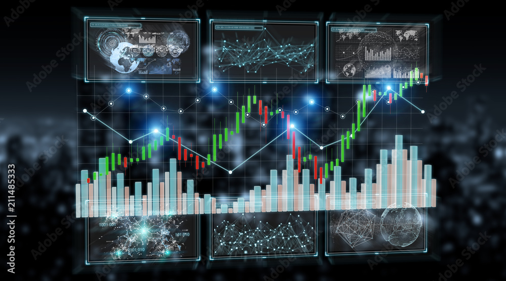 Poster 3D rendering stock exchange datas and charts illustration
