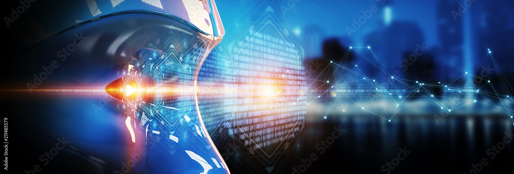 Aufkleber cyborg head using artificial intelligence to create digital interface 3d rendering