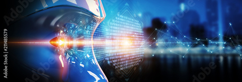 Cyborg head using artificial intelligence to create digital interface 3D rendering