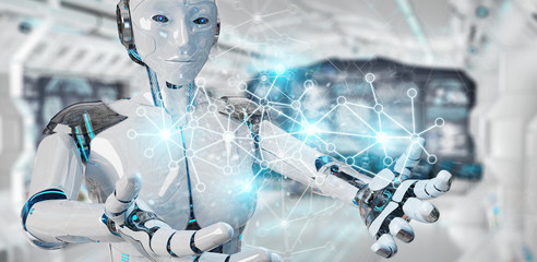 White woman cyborg using digital network connection 3D rendering