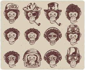 Set of isolated monochrome monkey faces