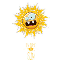 vector funky cartoon style summer sun character isolated on white background. My name is sun concept illustration. funky kids summer character with eyes and mouth