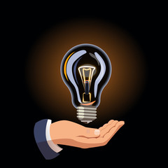 The hand holds a light bulb. The electric light is on. Energy saving. Sale of light bulbs. Suggest an idea. Color icon, banner. Vector images