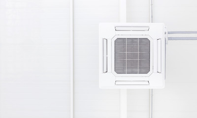 Fototapeta premium Ceiling air conditioner with copy space of white background and pipe line system