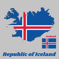 Map outline and flag of Iceland, it is blue as the sky with a snow-white cross, and a fiery-red cross inside the white cross, with name text Republic of Iceland.