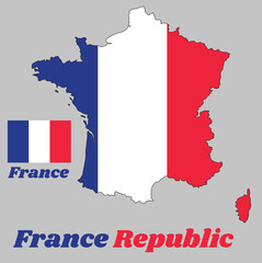 Map outline and flag of France, it is a vertical tricolor of blue, white, and red, with name text France Republic.