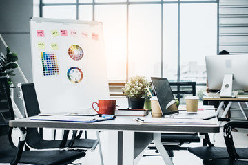 working space creativity brainstorm with meeting table amd chair with paper document and paper chart color