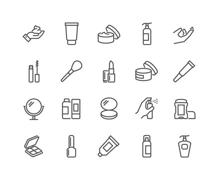 Simple Set of Cosmetics Related Vector Line Icons. Contains such Icons as Cream Bottle, Lipstick, Makeup Brush and more. Editable Stroke. 48x48 Pixel Perfect.