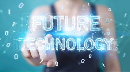 Businesswoman using future technology text interface 3D rendering