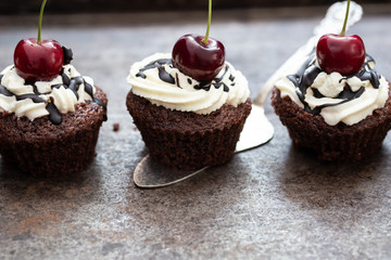 Cupcakes mit Kirschen, Schokolade und Sahne