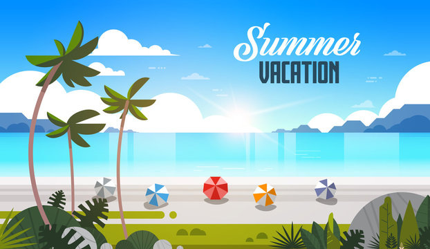 sunrise tropical palm beach balls view summer vacation seaside sea ocean flat horizontal lettering vector illustration