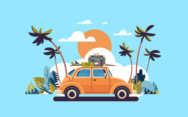Retro-Auto mit Gepäck auf dem Dach tropischer Sonnenuntergang Strand surfen Vintage Grußkarte Vorlage Poster flache Vektor-Illustration