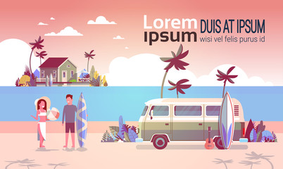 Obraz premium Summer vacation man woman surf bus sunset tropical beach retro surfing vintage villa island horizontal copy space template poster flat vector illustration