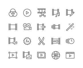 Simple Set of Video Editing Related Vector Line Icons. Contains such Icons as Filters, Frame Rate and more. Editable Stroke. 48x48 Pixel Perfect.